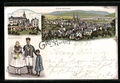Lithographie Marburg, Hessische Trachten, Schloss u. Panorama 1899 