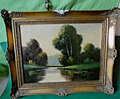 Altes Ölbild Landschaft mit Fluß, Teich, gerahmt 50 cm x 40 cm