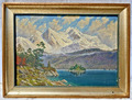 Öl Gemälde auf Leinwand Gerahmt -Maler unbekannt- Alpenlandschaft am See + Insel