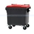 Müllcontainer fahrbarer Container 1100 L grau, rot flacher Deckel, aus hochwertigem Kunststoff