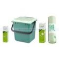 Bio Abfalleimer Natura Biomat AirBox geschlossen grün im SET mit verschiedenen Bio Müllbeuteln in praktischer Verpackung