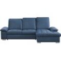 Ecksofa CALIZZA INTERIORS "Moli 1 L-Form" Sofas Gr. B/H/T: 259 cm x 89 cm x 179 cm, Flachgewebe, Longchair rechts, blau (jeans) Ecksofas mit Bettkasten, Kopfteilverstellung und Sitztiefenverstellung