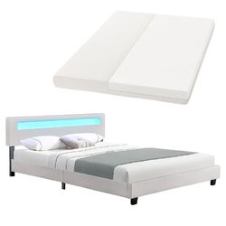 Polsterbett Doppelbett Bett Kunstleder LED Matratze Bettgestell 180x200 Juskys®inkl. LED Farblicht ✔ Lattenrost ✔ Matratze ✔ weiss ✔