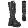 DemoniaCult Damen Platform-Kniestiefel Assault-218 black vegan leather