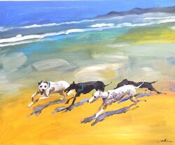 Original Gemälde"Vier Windhunde am Strand"50x60cm Öl auf Leinwand