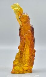 10.2" Chinese Amber Carved Peach Dragon Walking stick God of longevity Statue