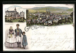 Lithographie Marburg, Hessische Trachten, Schloss u. Panorama 1899 