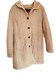 LANDS END DAMENJACKE GR. L BEIGE ÜBERGANGSJACKE WOLLE-BAUMWOLLE TEDDY KAPUZE