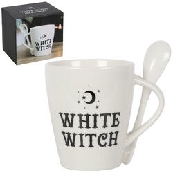 Weiße Hexe Keramik Kaffeetasse Löffel Set Magisch Heidnische Küche Tee Geschenk