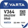 2x V364 Uhren-Batterie Knopfzelle = SR60SW SR621SW Silberoxid Typ 364 von VARTA