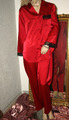 SATIN Glanz Negligee - Anzug * Pyjama * Schlafanzug rot seidig Spitze Gr. S