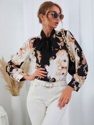 Damen Bluse in Barock Design mit Bindeschall Gr L 40 / 42   Neu