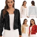 Damen Pailletten Cardigan Jacke Glitzer Abendjacke Langarm Blazer Kurz Oberteile