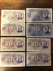 100 Schweizer Franken Bankn. 10 + 20; 1959, 1969, 1976, 1977 sehr guter Zustand