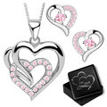 Schmuckset echt 925er Silber Ohrringe mit Halskette rosa Herz für Damen Mädchen