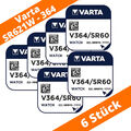 6 x V364 Uhren-Batterie Knopfzelle SR60 SR621SW AG1 VARTA Neu Silberoxid 364