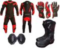 MOTORRAD KOMBI LEDER UND CORDURA JACKE+HOSE 2Stücke STIEFEL HANDSCHUHE ROT BLACK