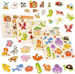 4er Set Steckpuzzle Holzpuzzle für Kleinkinder Setzpuzzle Tiermotive Montessori 
