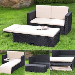 Polyrattan Gartensofa und klappbare Fußbank Lounge Sessel Gartenmöbel schwarz✔ Flechtoptik✔ Polyrattan✔ mit Kissen