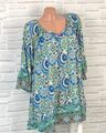 Italy Long Bluse Tunika Shirt Kleid Boho Print V-Ausschnitt 42 44 46 Grün F756