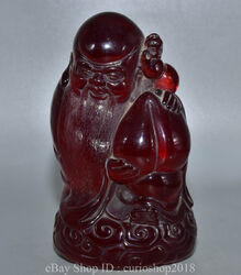 8.2 " Old Chinese Red Amber Carved Shouxing longevity God Peach Gourd Statue