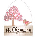 Holzschild Willkommen Kirschblüte mit Vogel 22x26 cm Türschild Hängedeko Schild