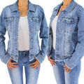 Damen Jeansjacke Kurze Denim Stretch Jeans Jacke Übergangsjacke Blau mit Fransen