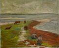 Ölbild Impressionist 1945 Kühe und Personen am Meer Strand Bertil Gullander