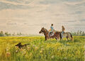 Aquarellbild Original 47x35 cm, Landschaft, Spaziergang mit Pferden 