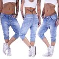 Damen Boyfriend Jeans Capri Baggy Kurze 3/4 Hose Knopfleiste Sommer Hell H44