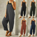 Damen Leinen Latzhose Ärmellos Jumpsuit Weitem Bein Overall Freizeit Hosenanzug