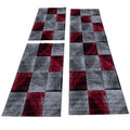 Teppich Bettumrandung 3-teilig Kurzflor Läufer Set Karo Muster Rot Grau Meliert