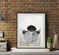lustiges Leinwandposter - Dackel Hund sitzt auf der Toilette und liest Zeitung