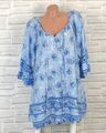 Itay Long Bluse Tunika Shirt Kleid Boho Print V-Ausschnitt 42 44 46 Blau F771