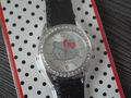 Süße Hello Kitty Armbanduhr - Edelstahl - Straß verziert - verstellbar - schwarz