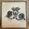 Alte Zeichnung 3 Terrier Welpen 3 Hunde, signiert