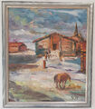 Ölgemälde Kunstwerk mit Rahmen Bild Malerei Oil Painting Wald 1989 Dorf Pferd