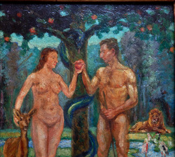 Adam und Eva mit Schlange im Garten Eden, Art Deco Gemälde 1920-30