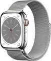 Apple Watch Series 8 45 mm Edelstahlgehäuse silber am Milanaise Armband silber [