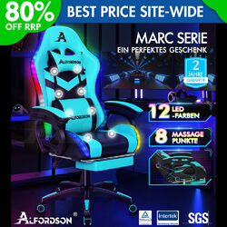 ALFORDSON Gaming Stuhl mit 8-Punkt Massage 12 Farben RGB LED-Licht Cyan Schwarz