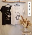 Italy Damen T-Shirt Glitzer Schwarz Snoopy Herz Cotton V-Ausschnitt  TU=36-40