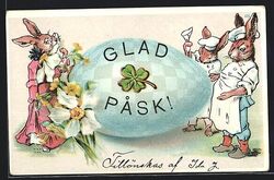 Lithographie Glad Pask!, Osterhasenköche und riesen Ei 