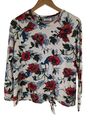 Per Una Langarm-T-Shirt mit Blumenmuster, M&S cremefarben & rot, Krawatte vorne, Größe UK 10