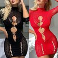 Frauen Sexy Lingerie Langarm Fishnet Body Strumpfhose Bodysuit Sleepwear Kleid