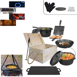 11-tlg Dutch Oven Kochtopf Topf Set Stieltopf mit Holzkiste Campen Grillplatte