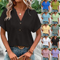 Damen V-Neck Knopf T-Shirt Tops Kurzarmshirt Freizeit Hemdbluse Oberteile Tunika