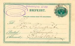 SCHWEDEN 1895, "GÖTEBORG 3." K1 glasklar a. 5 (FEM) Öre grün GA-Postkarte