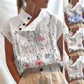 Damen Blumen Bluse Freizeit T-Shirt Knopf Hemd Kurzarm Tunika Sommer Oberteile