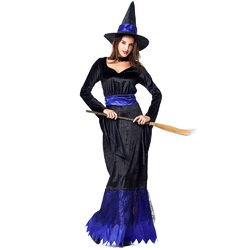 Blau-schwarzes Hexenkleid mit Hut für Party und Auftritte