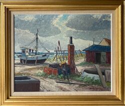 Ölbild Impressionist Fischerboot am Strand Meer Küste Erik Ytting 54 x64 cm